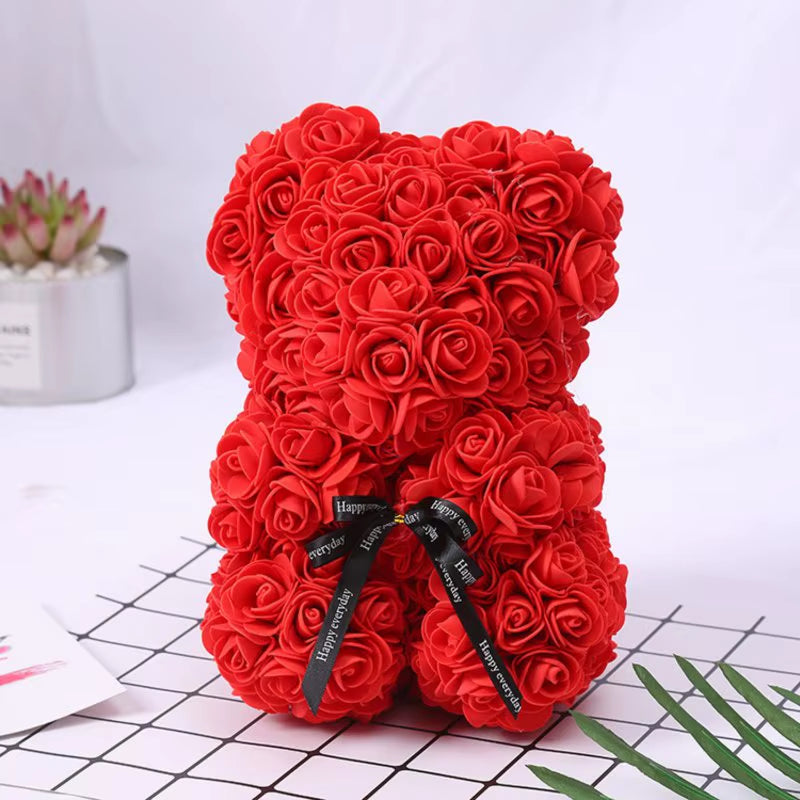 Rose Bear Flower Bear with Clear Box Rose Bear Gifts for Mother Hand Made Artificial Flowers Birthday for Valentine'S Day Party