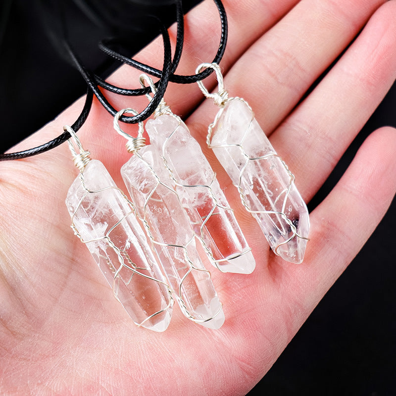 White crystal winding necklace, crystal raw stone, single crystal hexagonal pillar, winding pendant