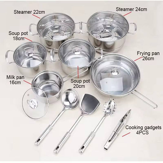 Stainless steel cookware set of 18 pieces household kitchen set soup pot set 16-26cm cutlery set pot set