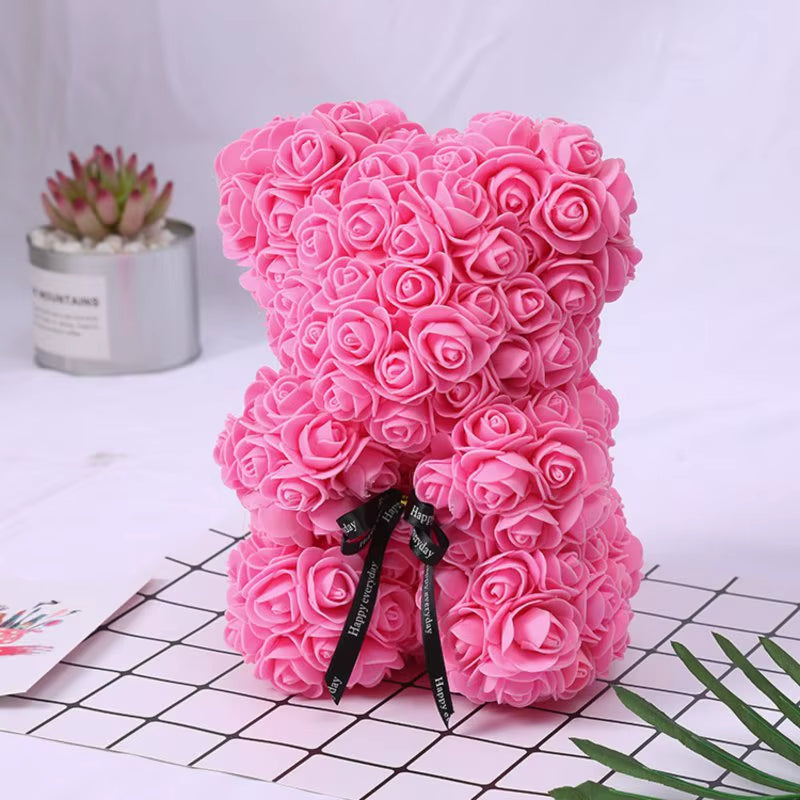 Rose Bear Flower Bear with Clear Box Rose Bear Gifts for Mother Hand Made Artificial Flowers Birthday for Valentine'S Day Party