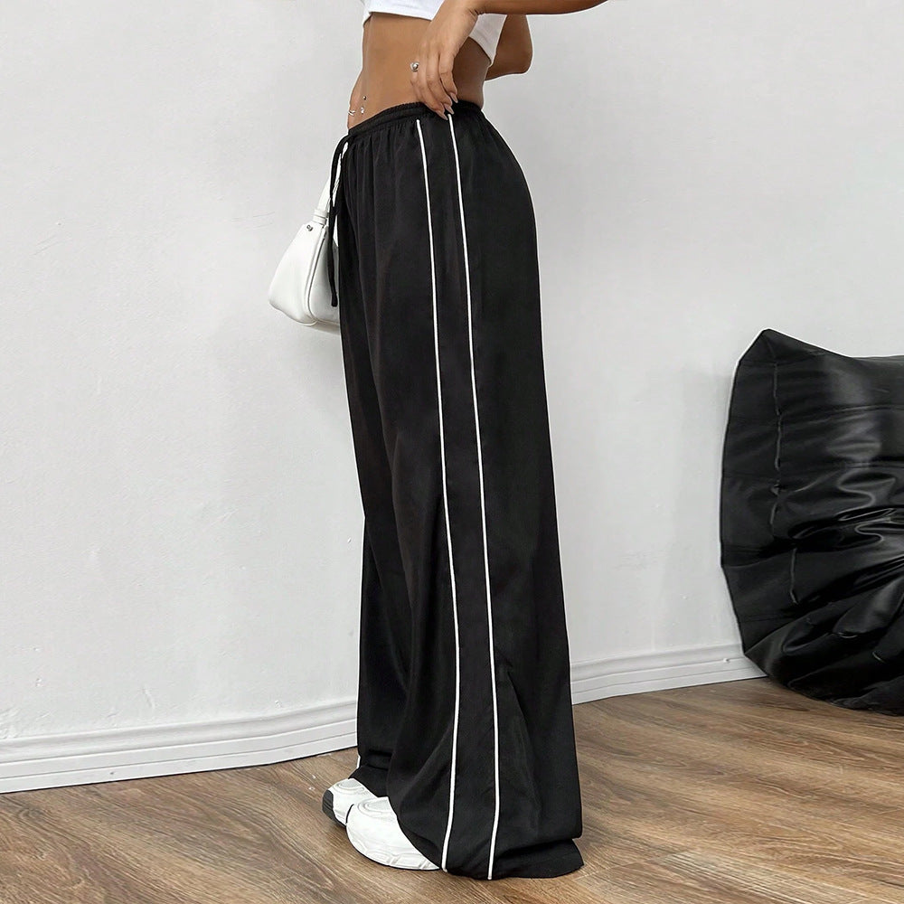 European and American casual loose waist side contrasting wide leg pants