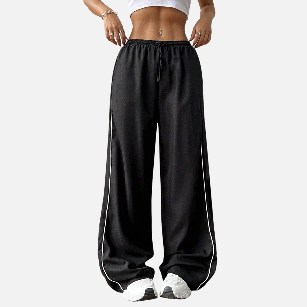 European and American casual loose waist side contrasting wide leg pants