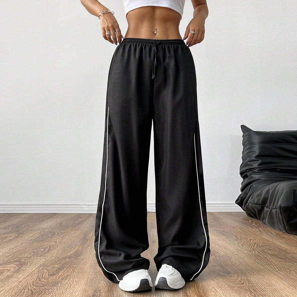 European and American casual loose waist side contrasting wide leg pants