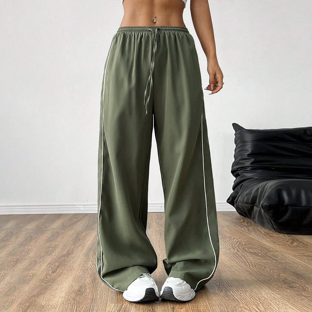 European and American casual loose waist side contrasting wide leg pants