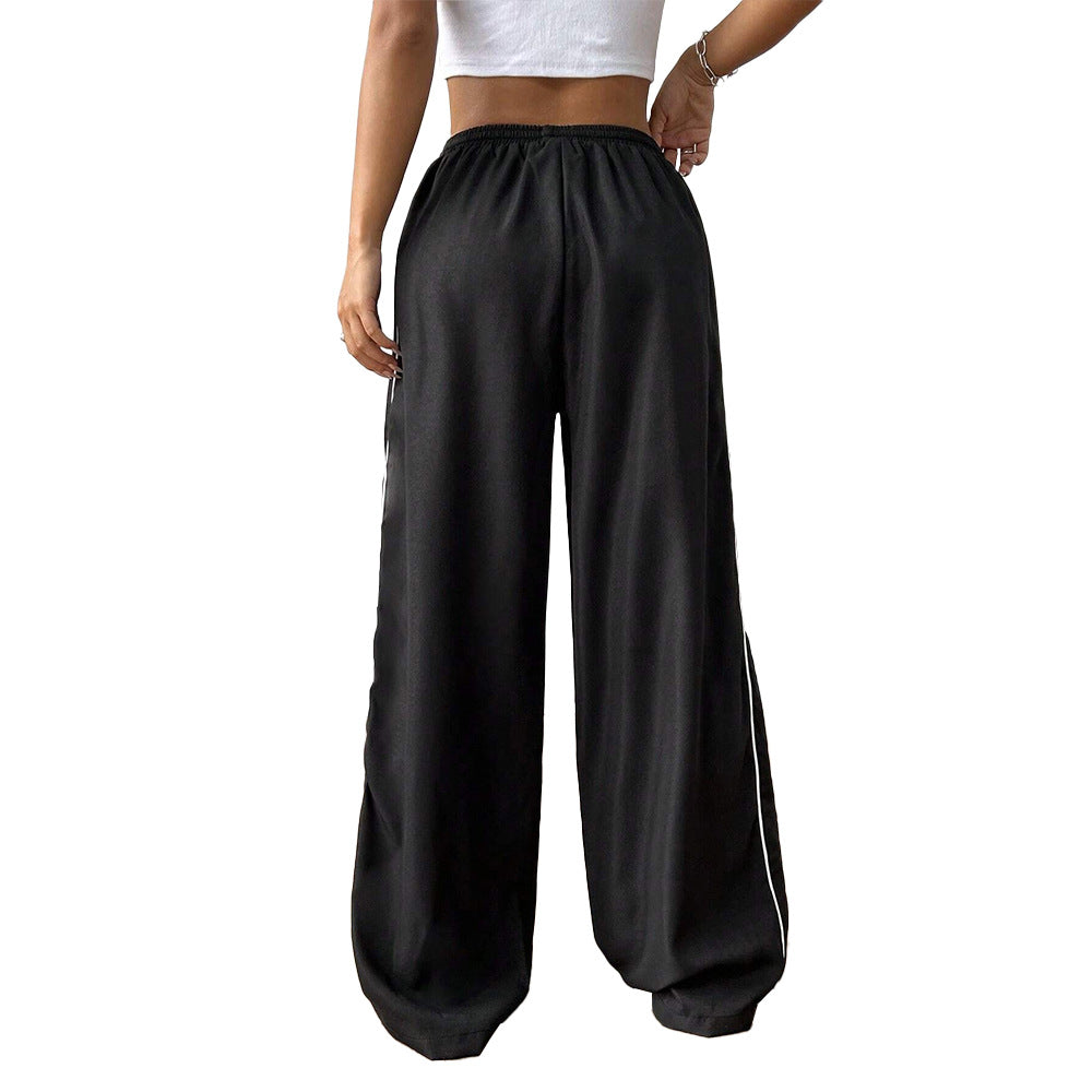 European and American casual loose waist side contrasting wide leg pants