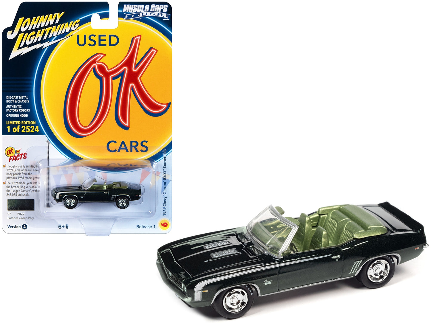 1969 Chevrolet Camaro RS/SS Convertible Fathom Green Metallic with White Stripes and Light Green Interior Limited Edition to 2524 pieces Worldwide "OK Used Cars" 2023 Series 1/64 Diecast Model Car by Johnny Lightning