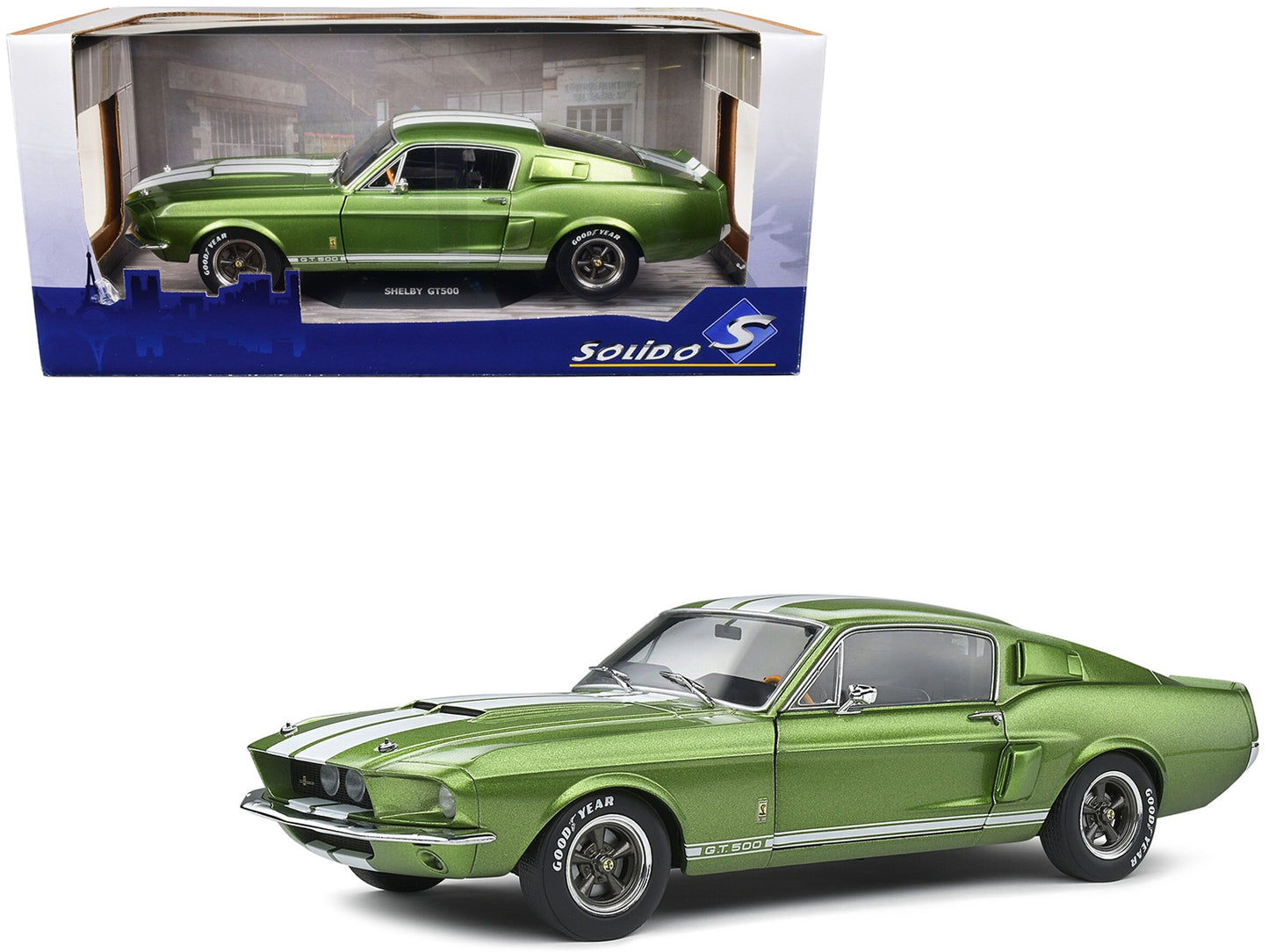 1967 Shelby GT500 Lime Green Metallic with White Stripes 1/18 Diecast Model Car by Solido