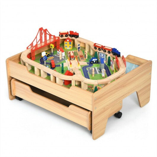 Children's Wooden Railway Set Table with 100 Pieces Storage Drawers - Color: Natural