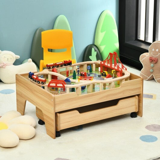 Children's Wooden Railway Set Table with 100 Pieces Storage Drawers - Color: Natural