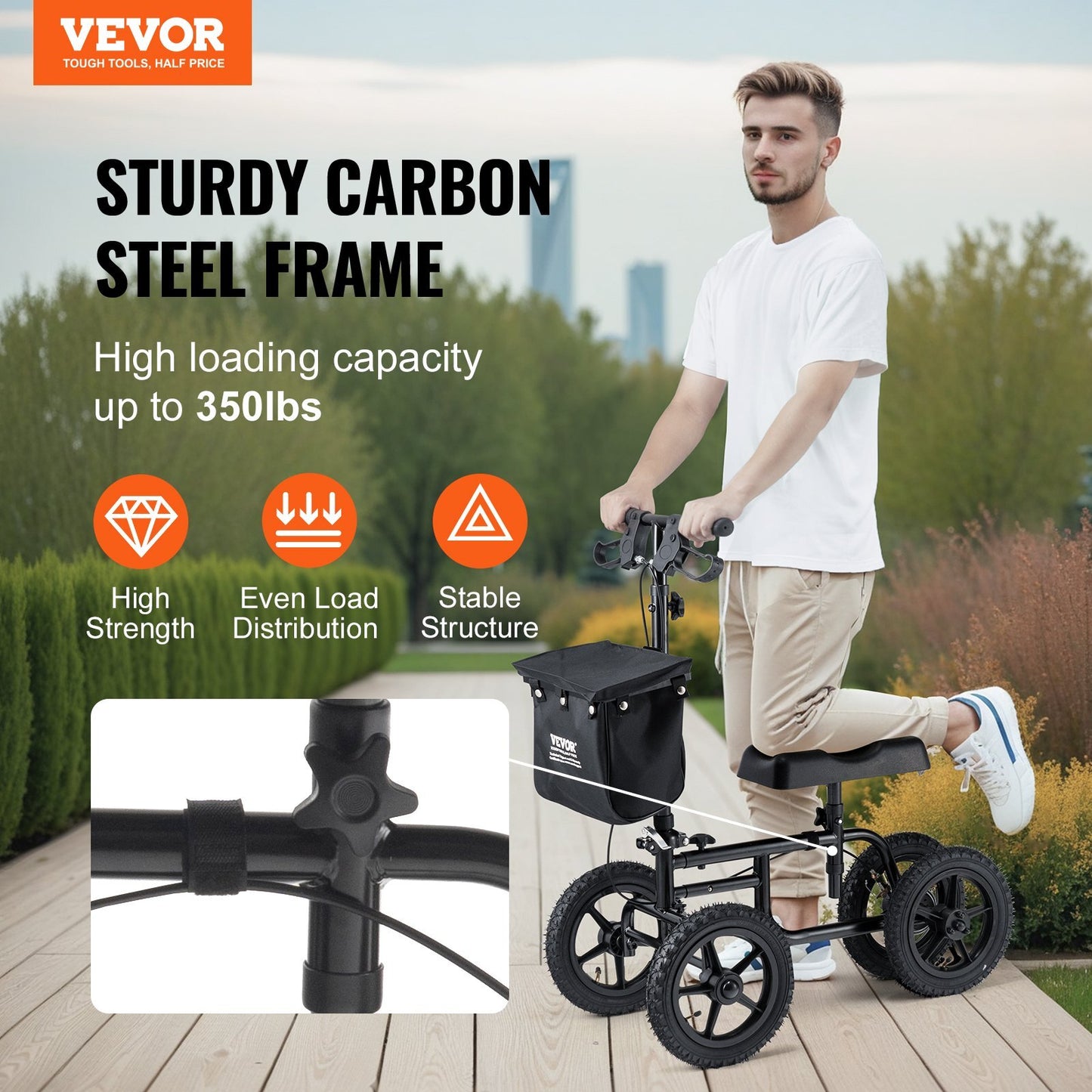 VEVOR Folding Knee Scooter, Carbon Steel Steerable Knee Walker with Height-Adjustable Handlebar & Knee Pad, 12" All-Terrain Wheel, Dual Brakes, Leg Recovery Scooter for Injured Ankle Foot Knee, 350LBS